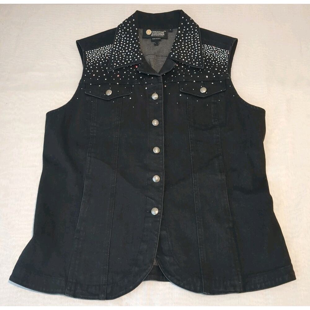 Christine Alexander Black Denim Bling Vest Crystal Rhinestones Studs Large - Picture 4 of 13